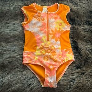 Girls Cat & Jack 4T orange retro 1 piece bathing suit with front zipper floral
